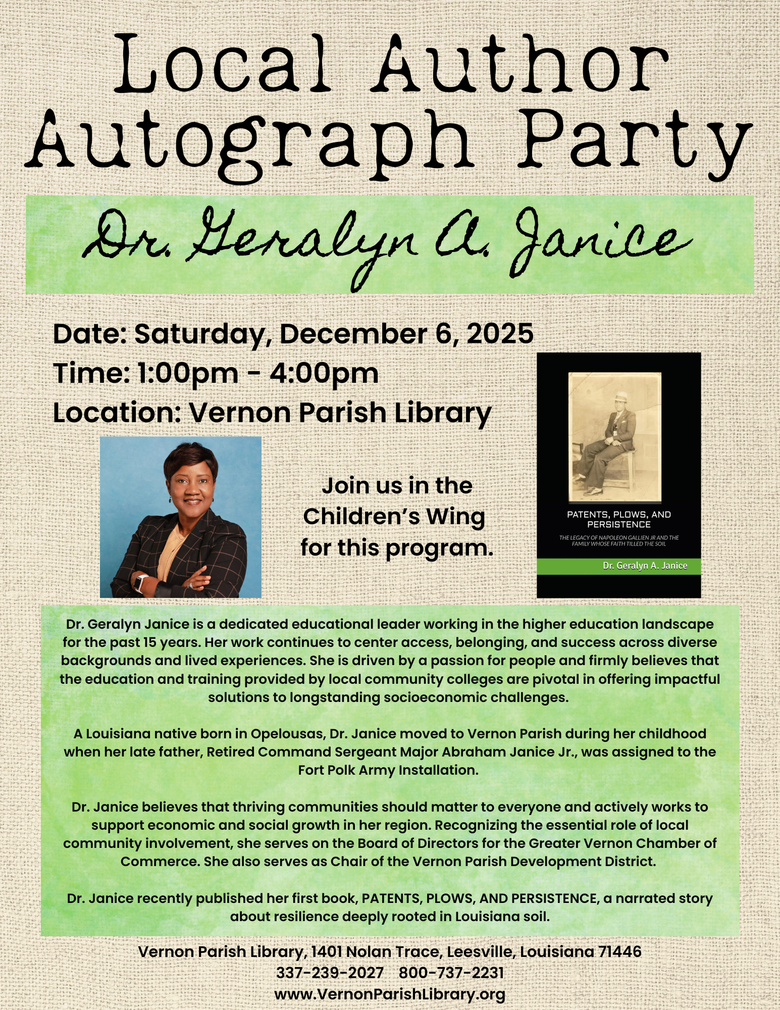Author Autograph Party featuring Dr. Geralyn A. Janice. Dr. - Vernon Parish Louisiana